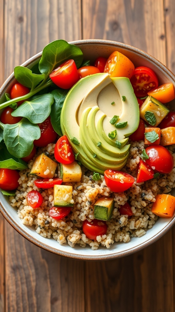 Vegan Quinoa Power Bowl Recipe A colorful vegan quinoa bowl with roasted vegetables, spinach, and avocado, garnished with herbs on a wooden table.